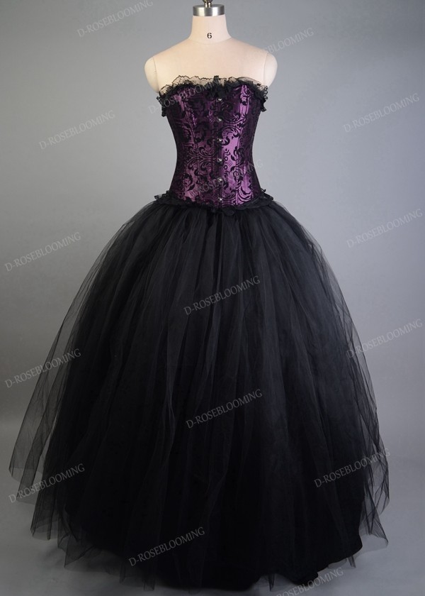Rose Blooming Purple and Black Steampunk Style Gothic Corset Long Prom Dress  