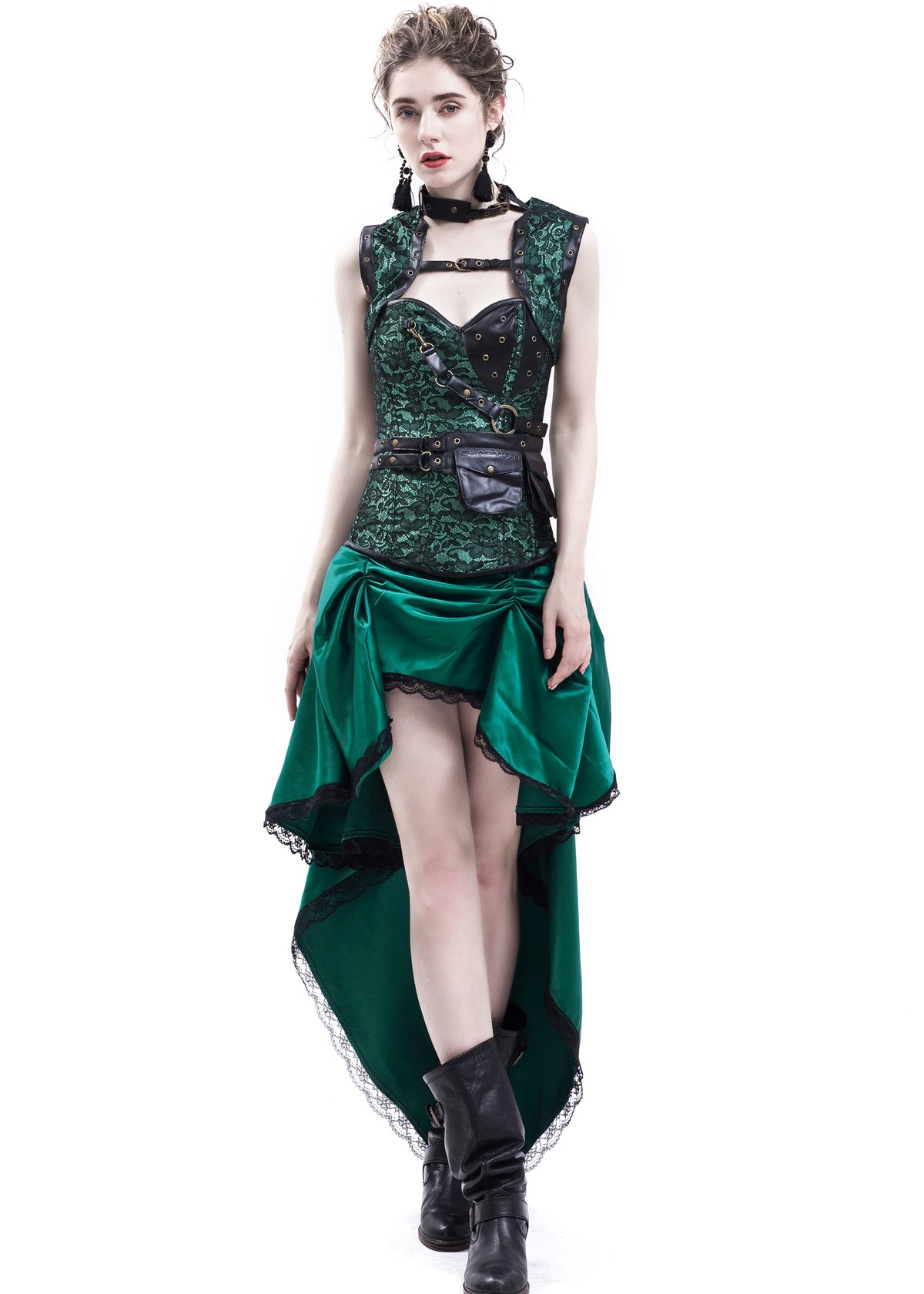 Green Gothic Steampunk Corset Party Dress D1044 - D-RoseBlooming