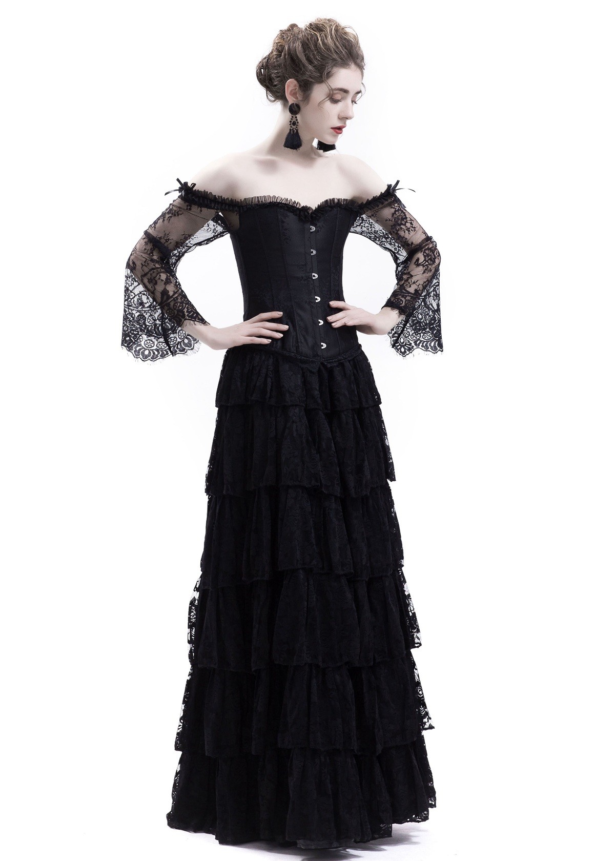 Black Lace Romantic Gothic Corset Long Prom Dress D1043 - D-RoseBlooming