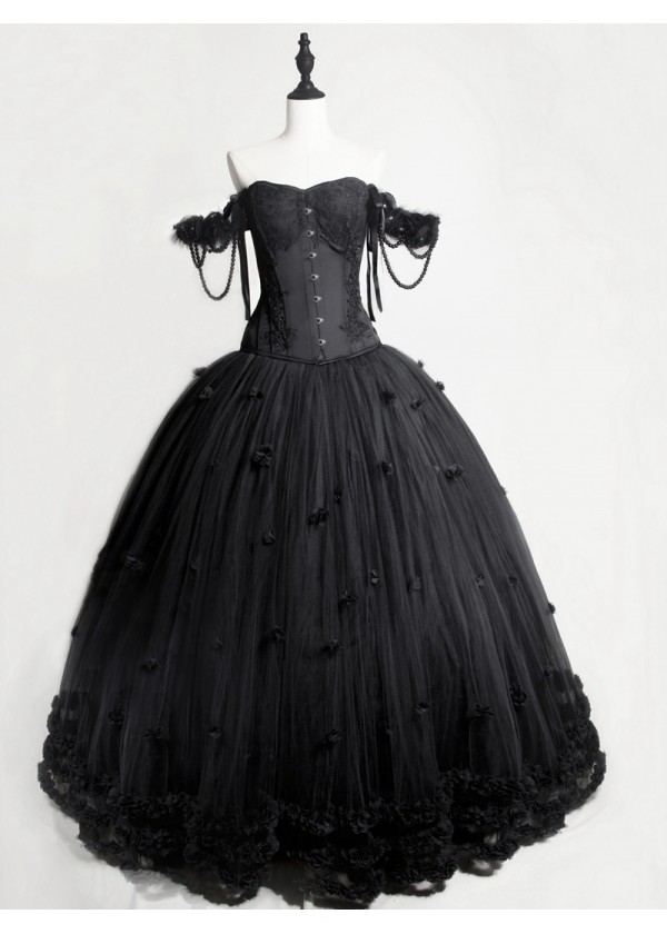 Black Gothic Flower Off-the-Shoulder Corset Prom Long Dress D1050 -  D-RoseBlooming
