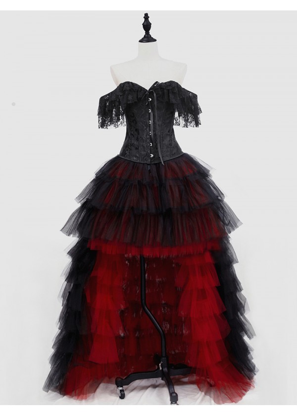 Black and Red Gothic Burlesque Corset Prom Party High-Low Dress D1-052 -  D-RoseBlooming