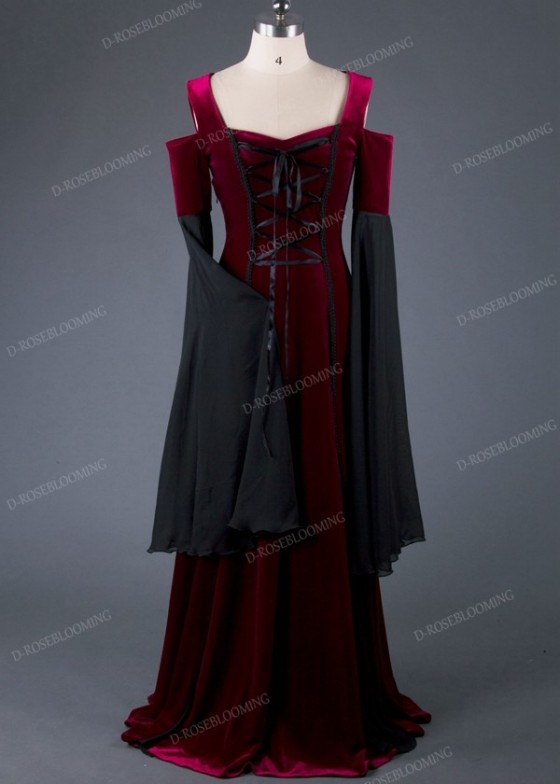 Wine Red Black Off-The-Shoulder Medieval Dress D2015 - D-RoseBlooming