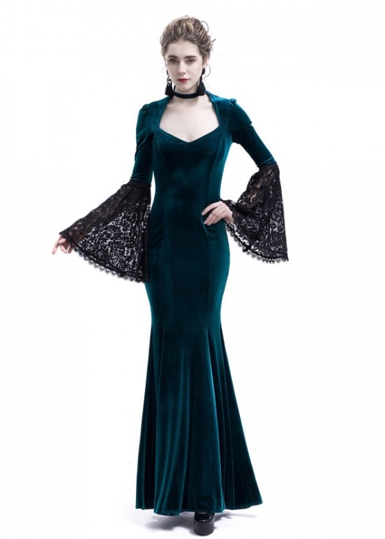 Blue Velvet Dark Morticia Addams Gothic Dress D3024 - D-RoseBlooming